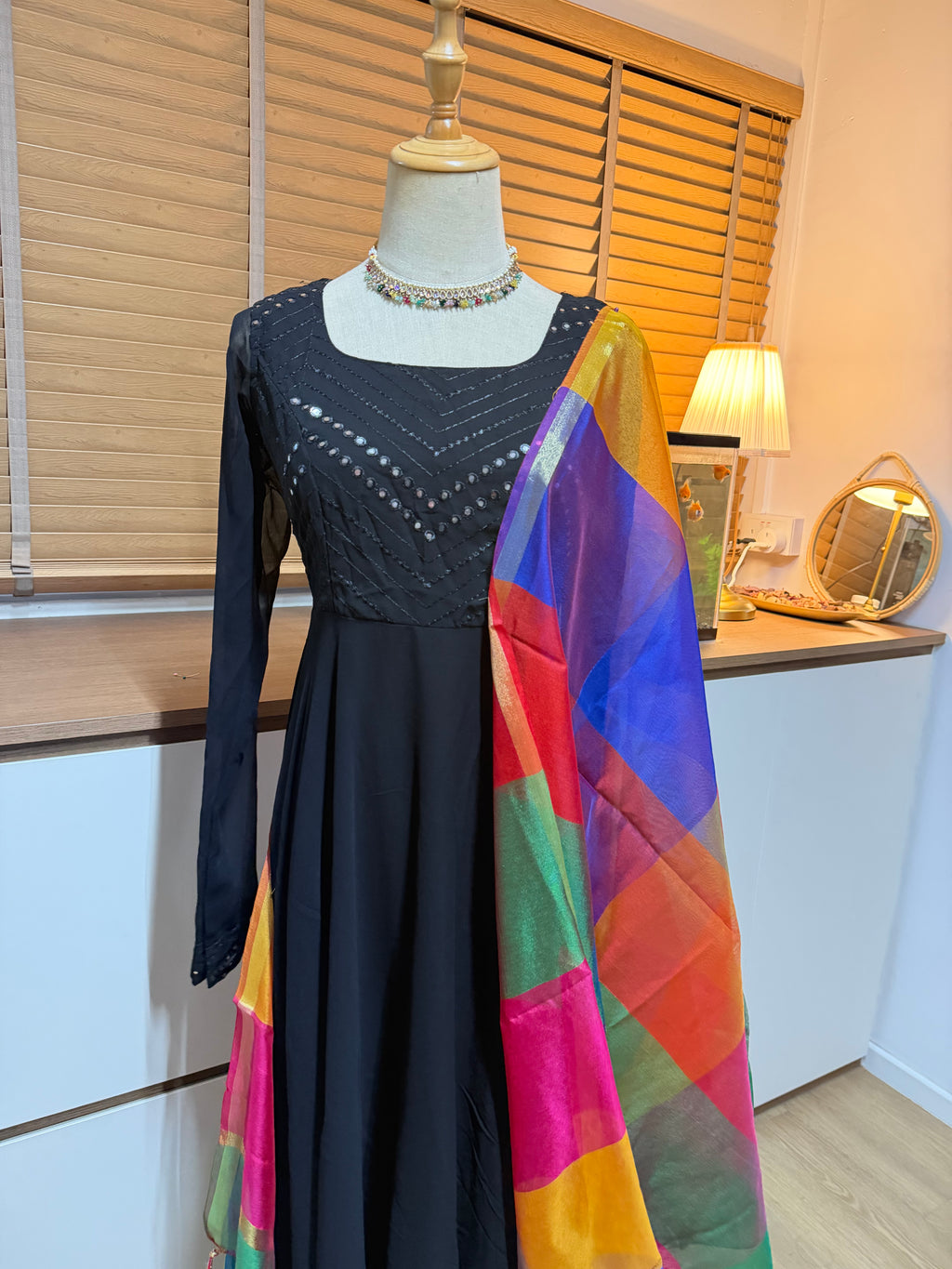 Leesha - Black annarkali with multi colour dupatta