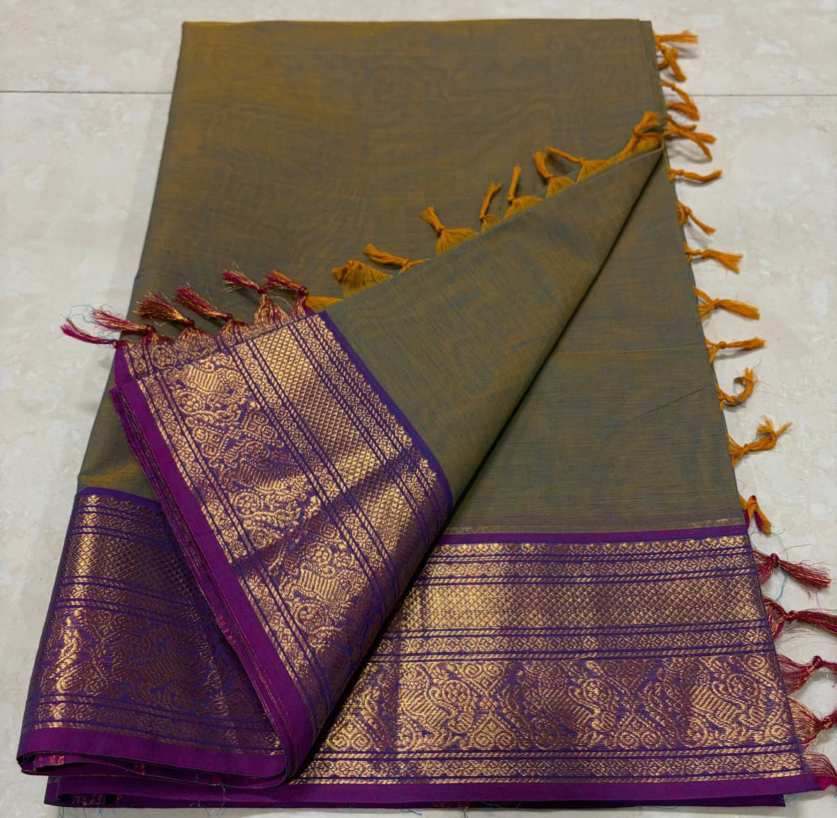 Kanchi Cotton Saree - Olive & Purple