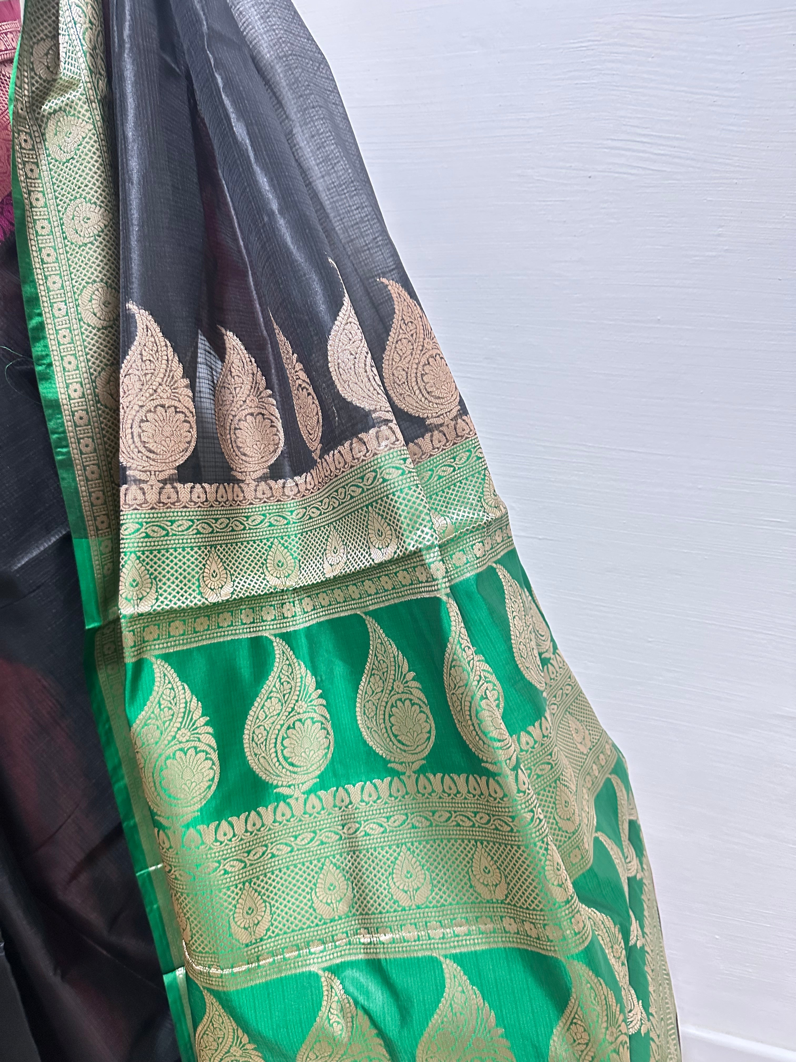 Black Cotton Kota Soft Silk Saree - Pink & green Border