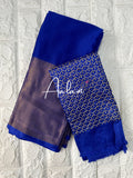 Chiffon Saree with Gold Border & Aari Blouse - Blue