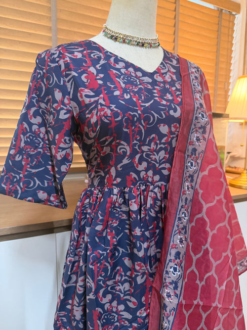 Anarkali - Dark Blue & Pink Viscose
