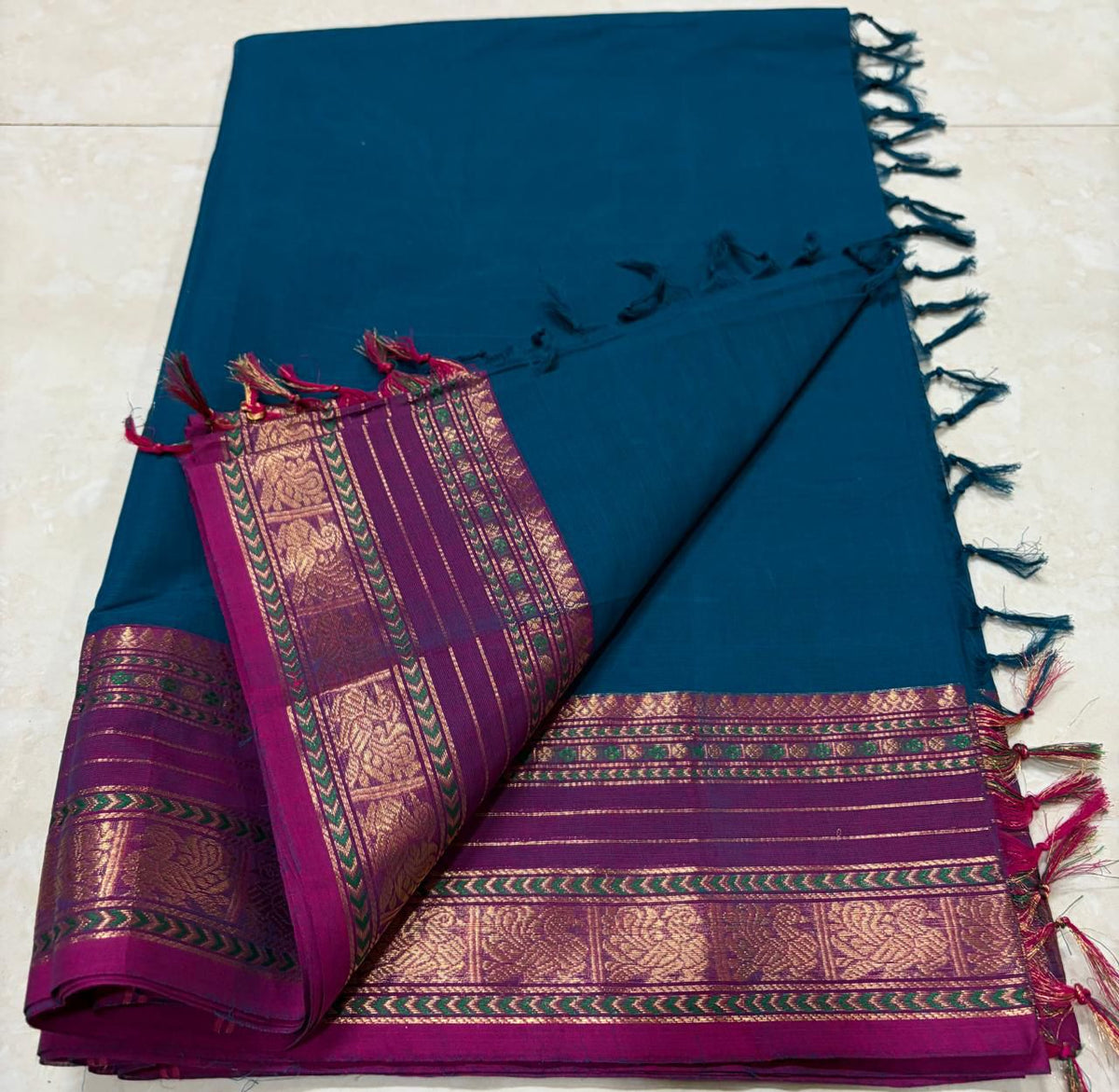 Kanchi Cotton Saree - Teal Magenta