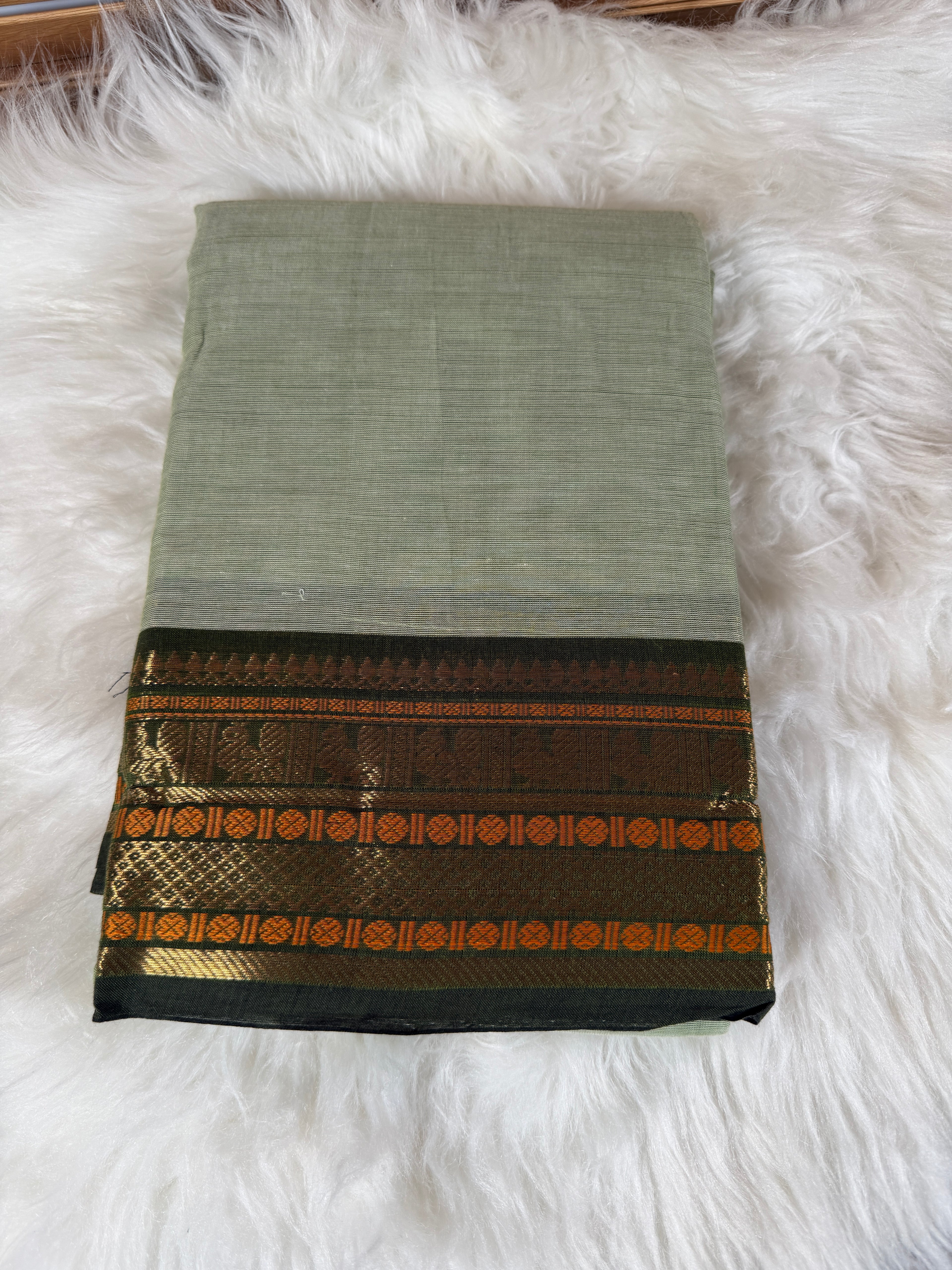 Cotton Saree - Sage & Dark Green Border