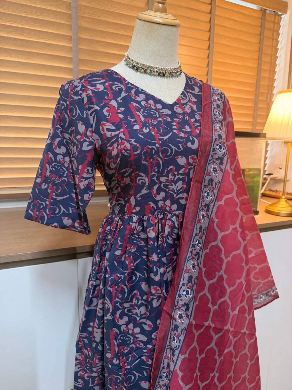 Anarkali - Dark Blue & Pink Viscose