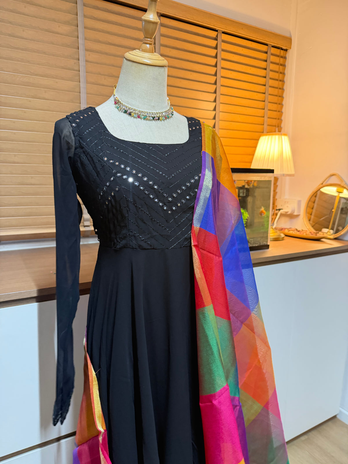 Leesha - Black annarkali with multi colour dupatta