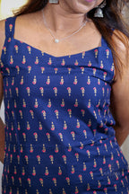 Navy Blue Gold Leaf Printed Strap Kurti