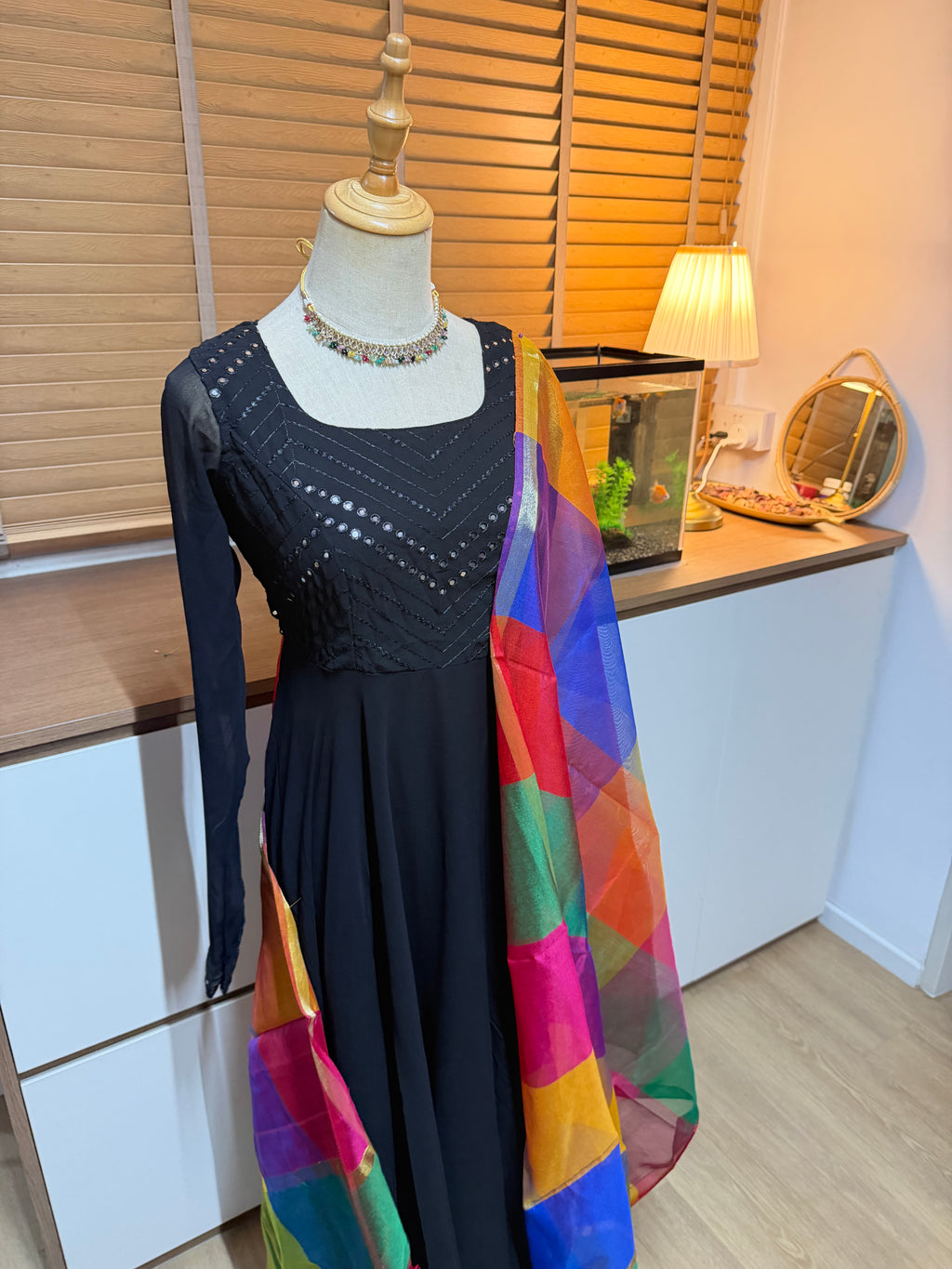 Leesha - Black annarkali with multi colour dupatta