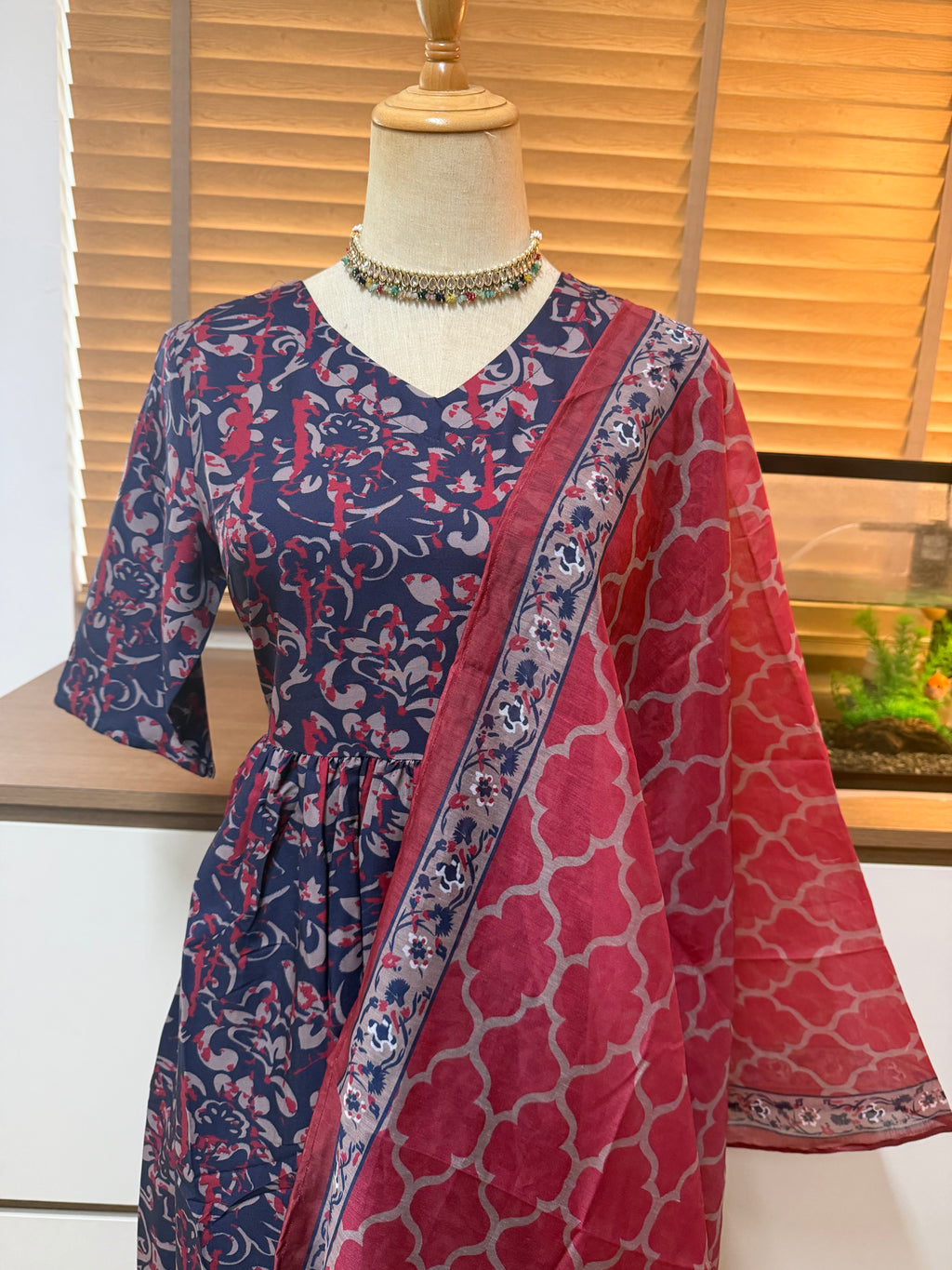 Anarkali - Dark Blue & Pink Viscose