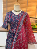 Anarkali - Dark Blue & Pink Viscose