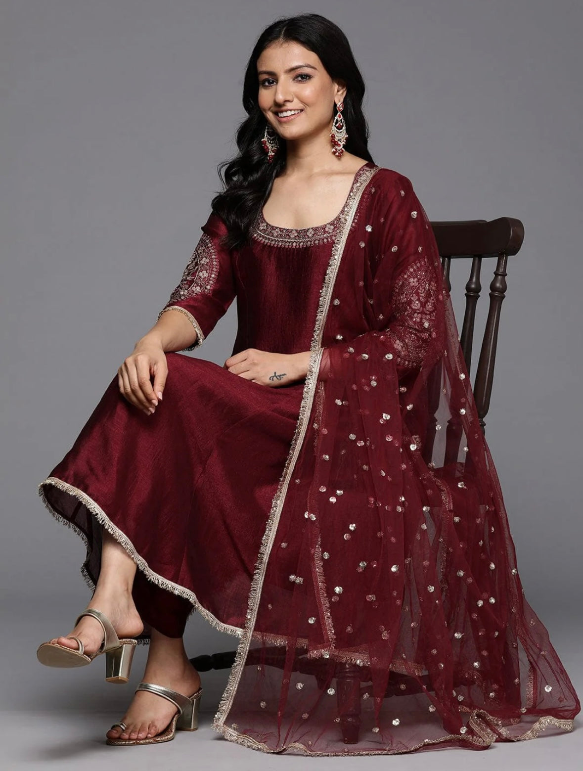 Embroidered Sequins Embellished Anarkali - Maroon & Gold