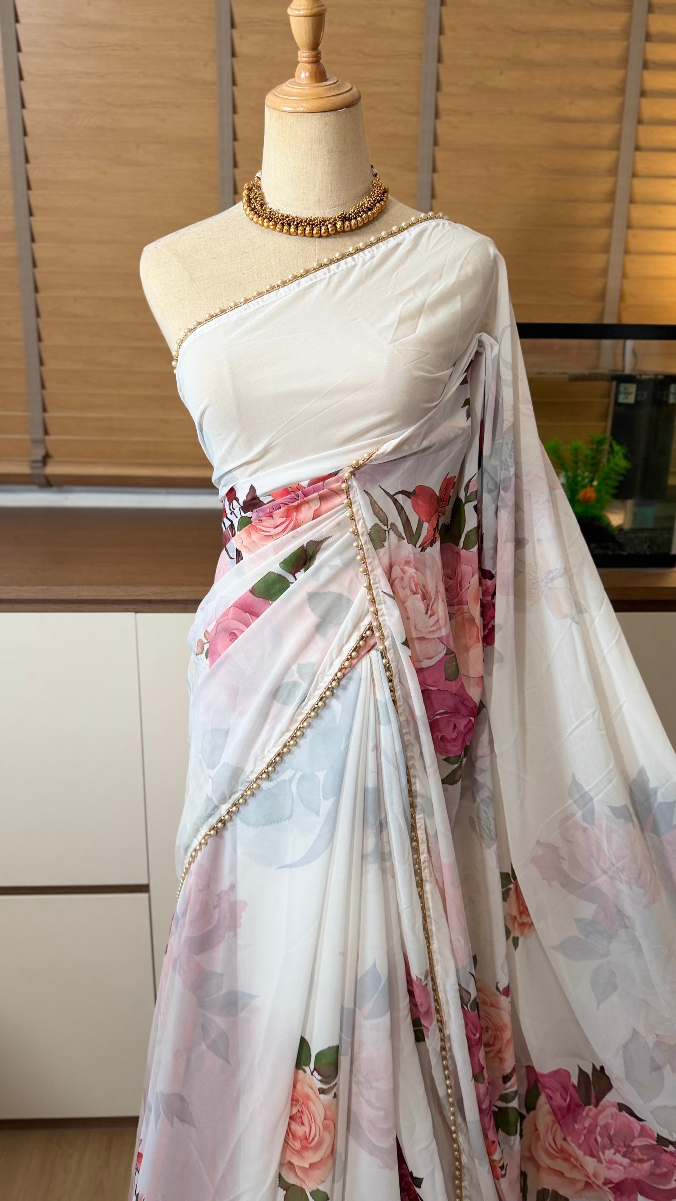Floral Pearl Lace Saree - White