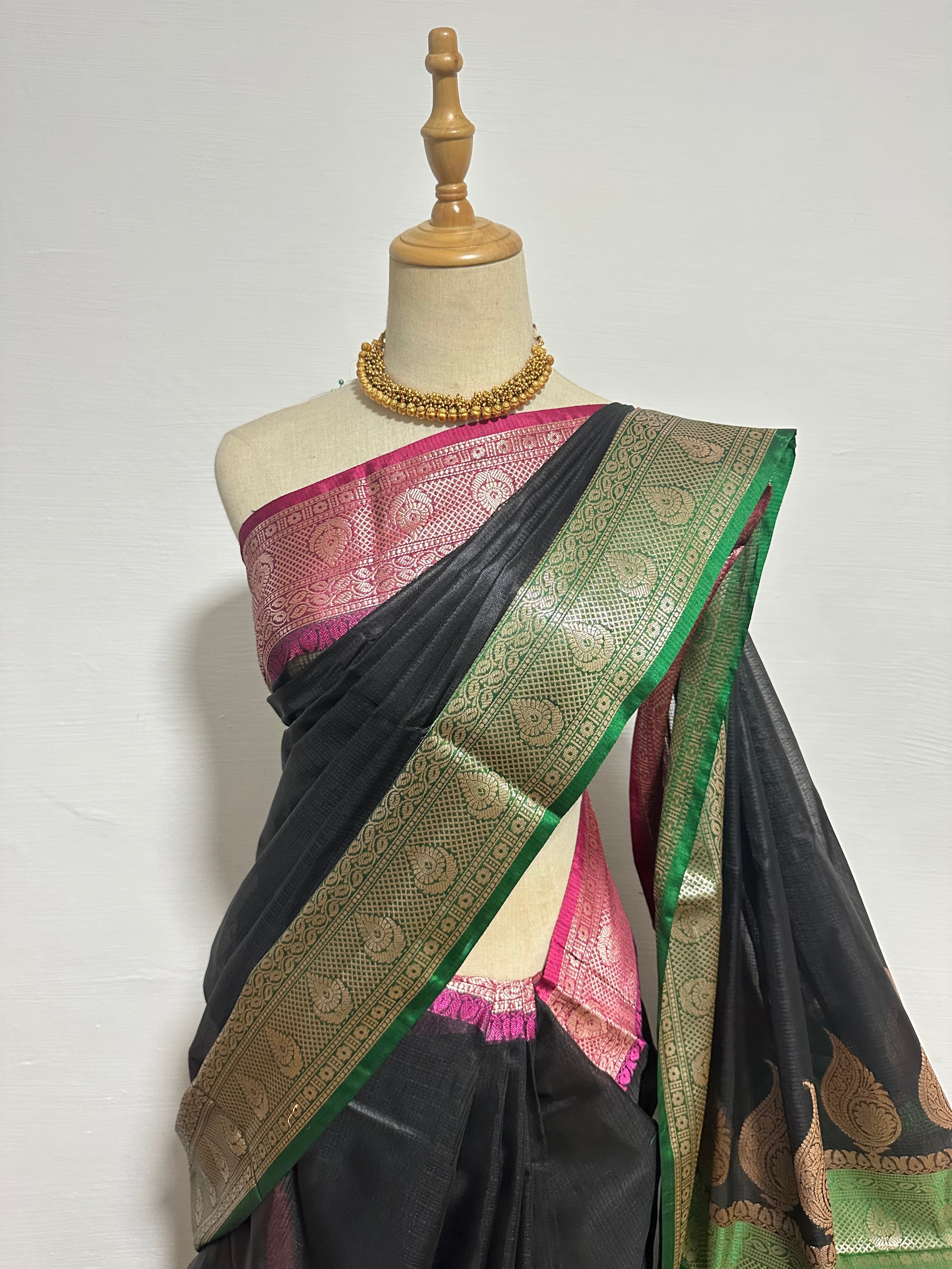 Black Cotton Kota Soft Silk Saree - Pink & green Border