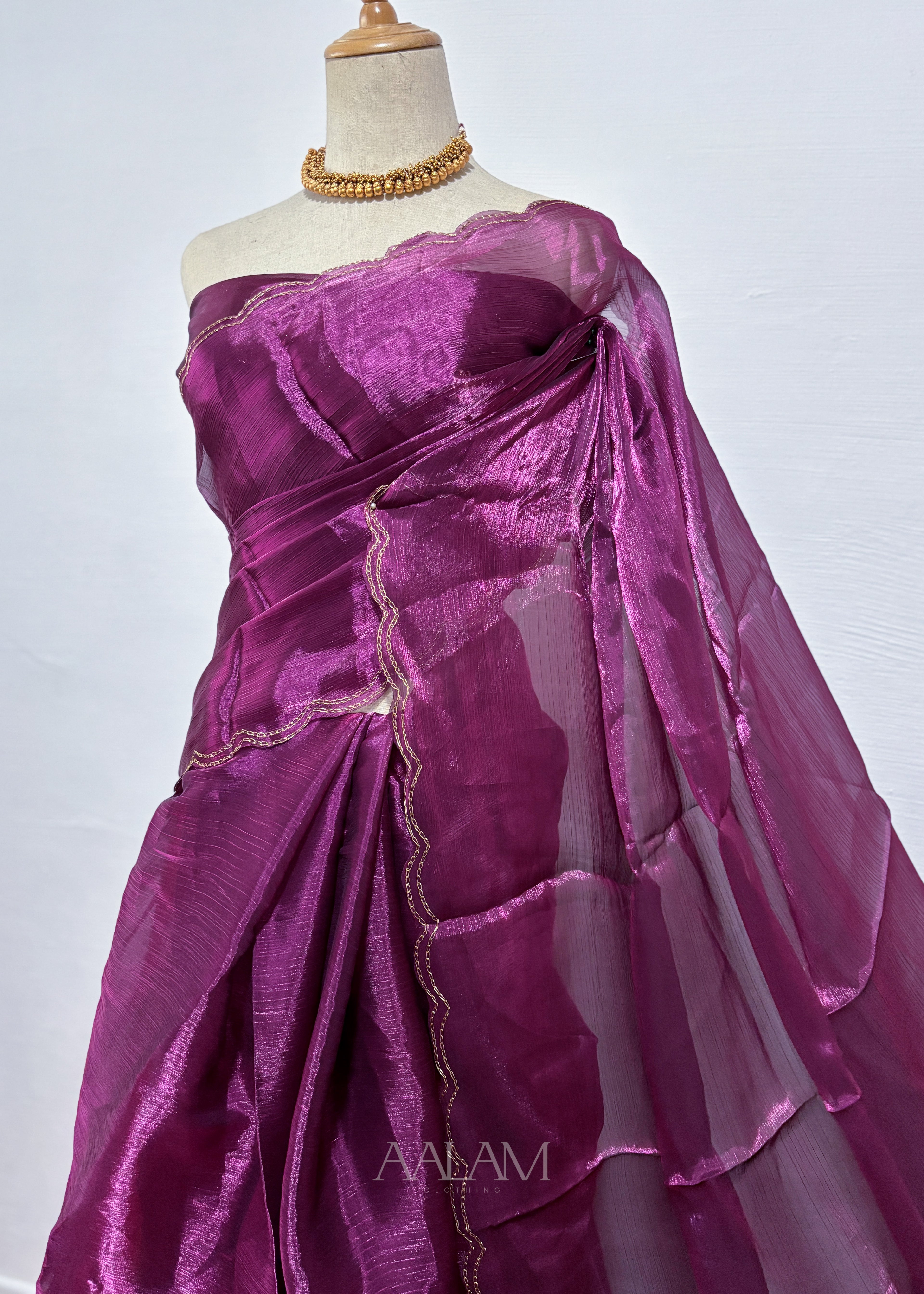Metallic Georgette Saree with Gold Border - Deep Plum