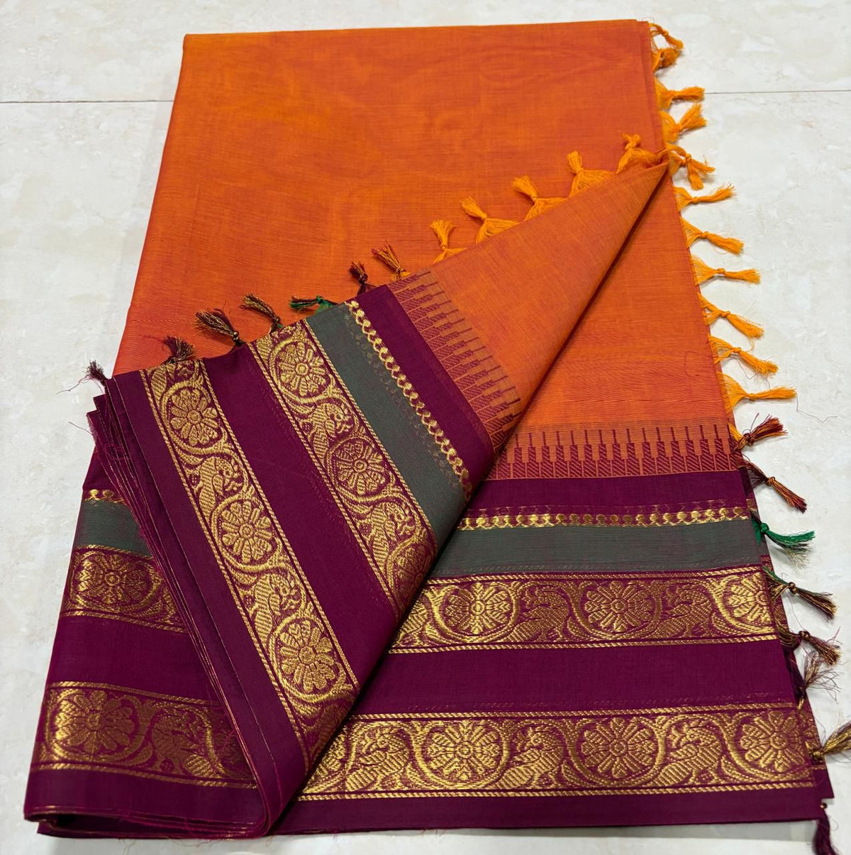 Kanchi Cotton Saree - Orange with Maroon border