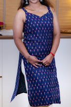 Navy Blue Gold Leaf Printed Strap Kurti