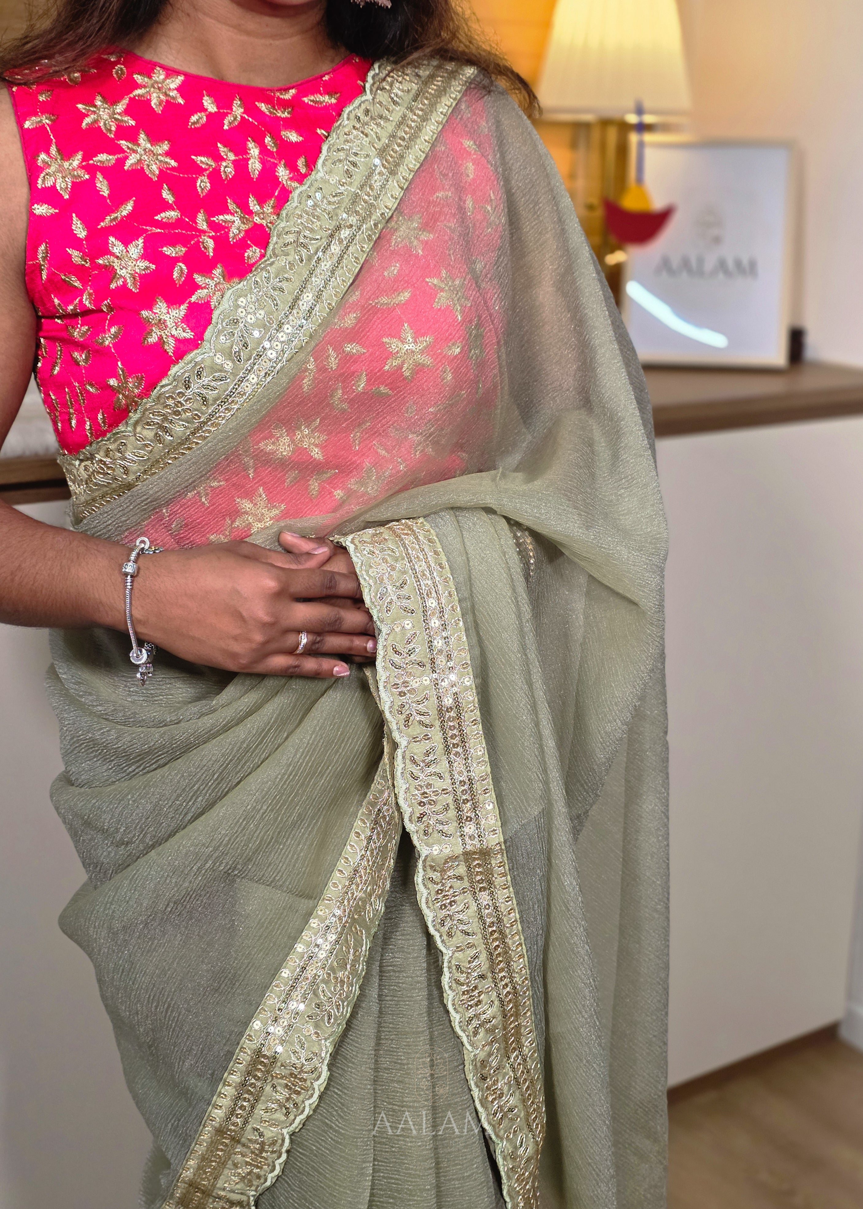 Crushed Saree - Sage green