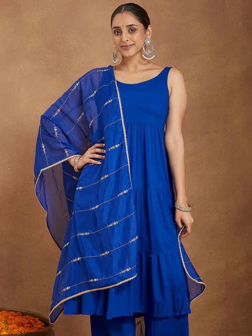 Blue Rayon Solid Kurta Set
