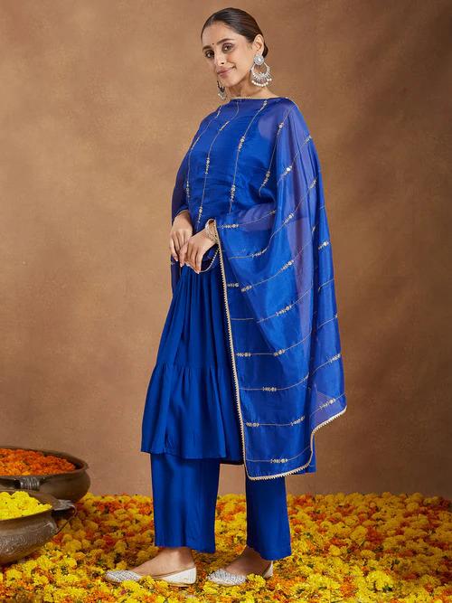 Blue Rayon Solid Kurta Set