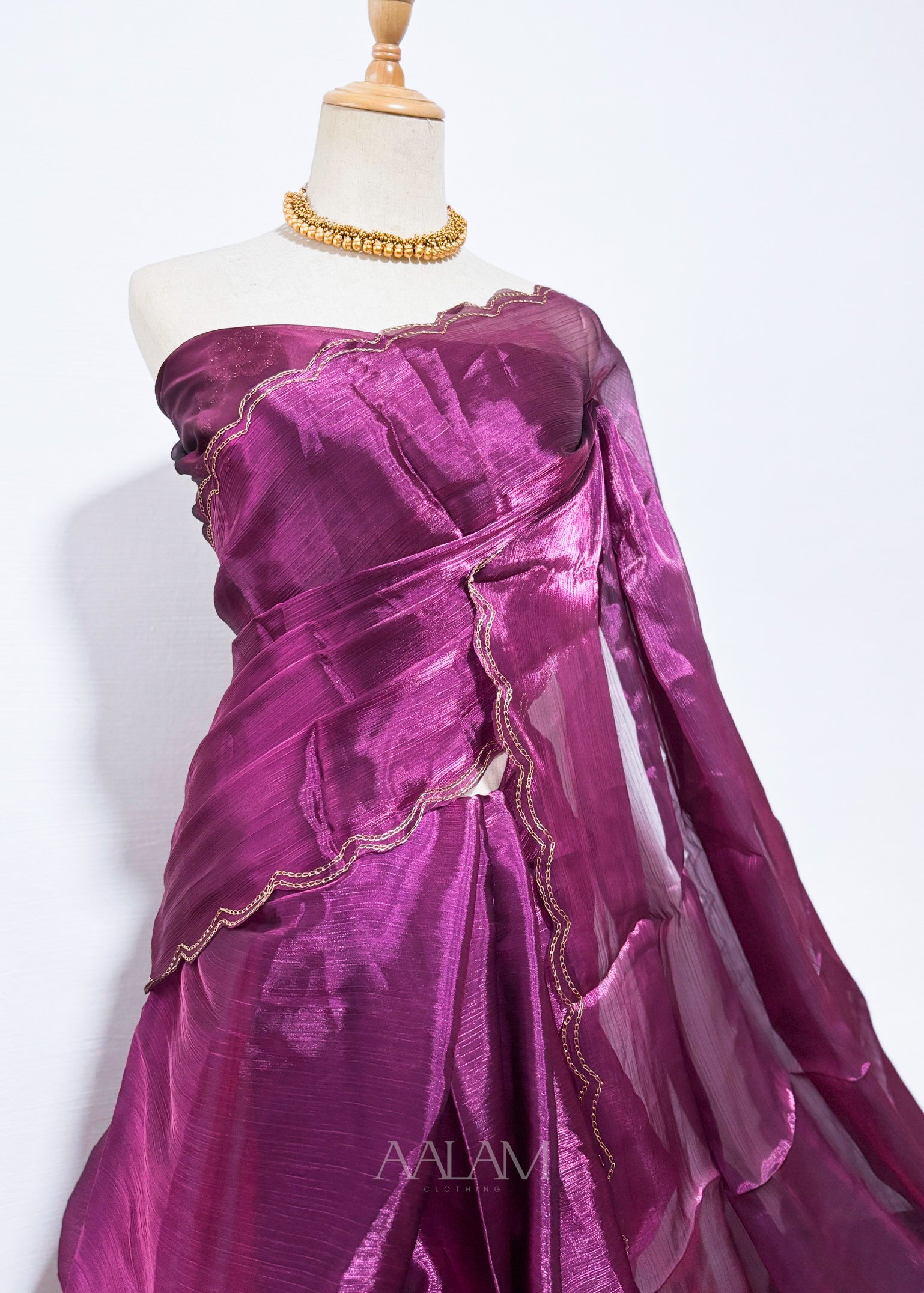 Metallic Georgette Saree with Gold Border - Deep Plum