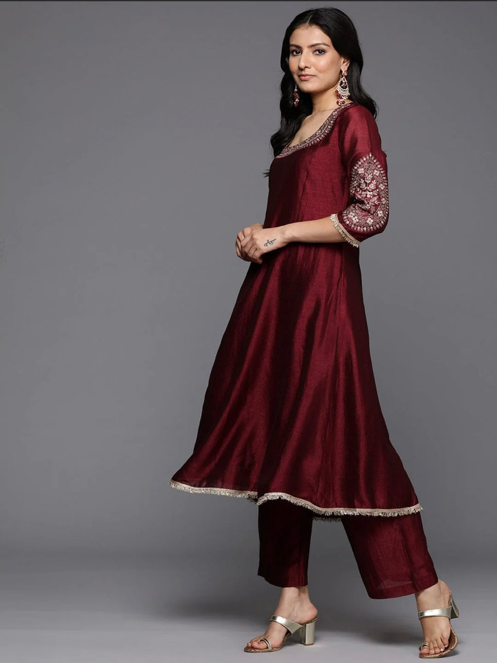 Embroidered Sequins Embellished Anarkali - Maroon & Gold