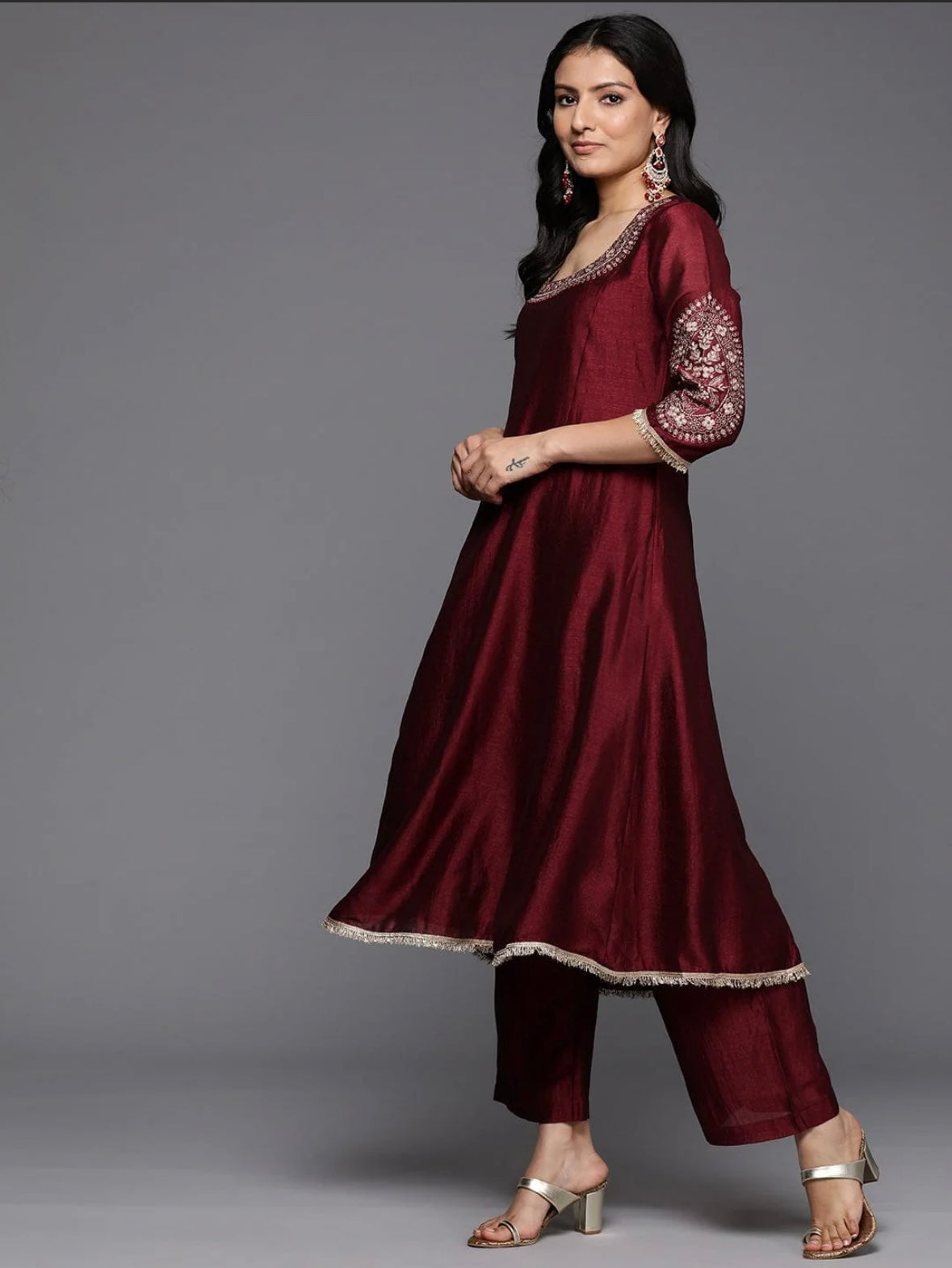 Embroidered Sequins Embellished Anarkali - Maroon & Gold