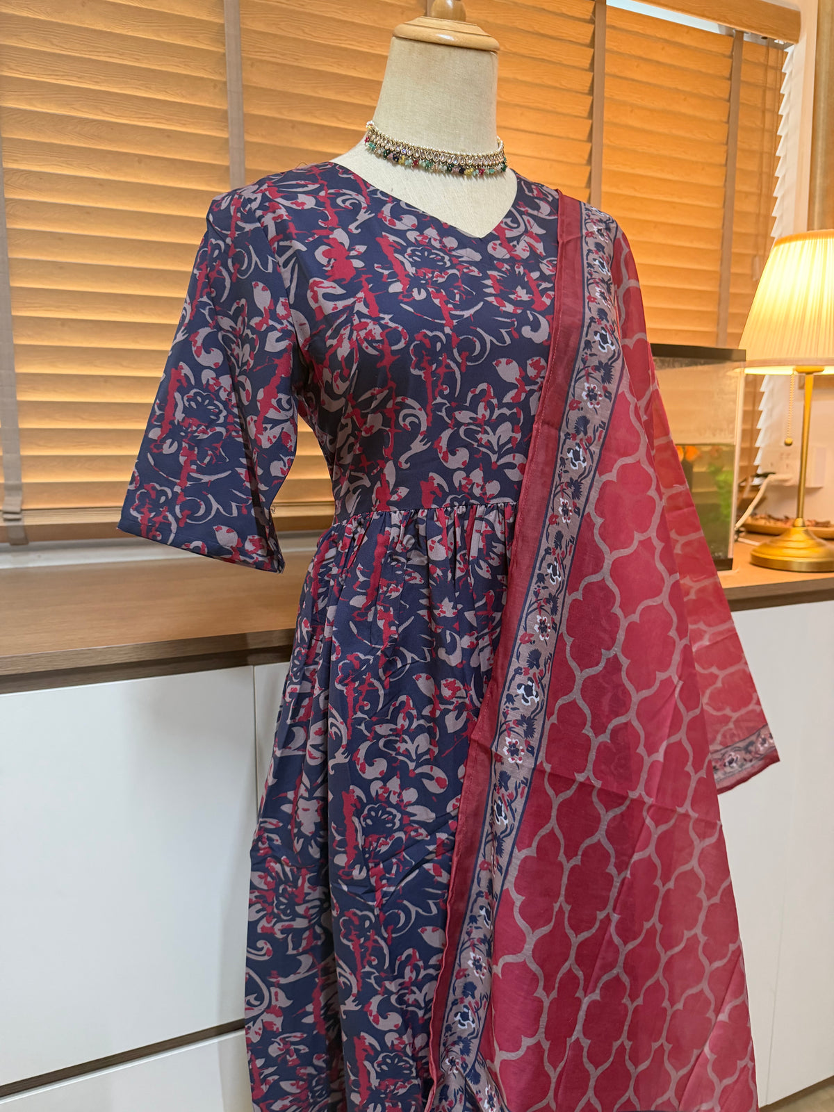 Anarkali - Dark Blue & Pink Viscose