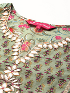 Green Pure Cotton Floral Printed Gotta Patti Kurta With Trousers & Dupatta