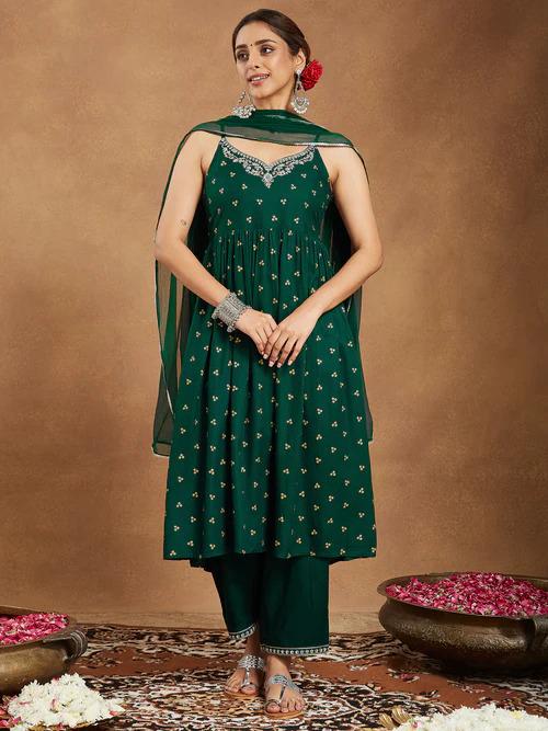 Green Rayon Foil Printed Kurta Set