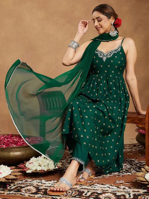 Green Rayon Foil Printed Kurta Set