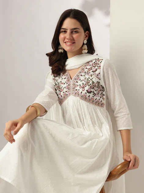 White Pure Cotton Embroidered A-line Kurta Set