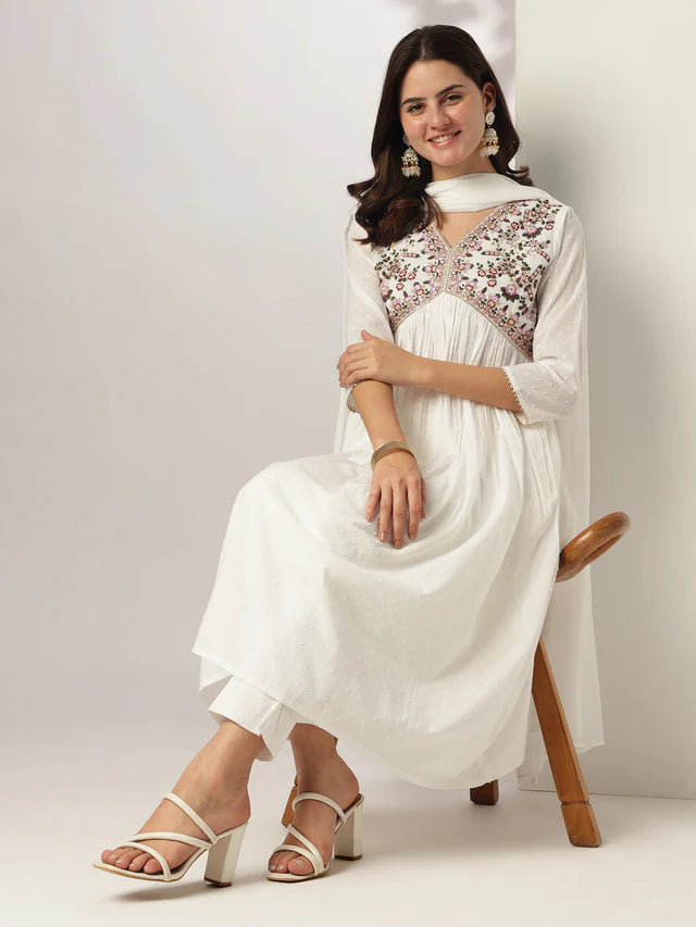 White Pure Cotton Embroidered A-line Kurta Set