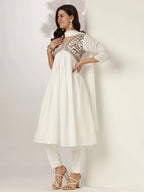 White Pure Cotton Embroidered A-line Kurta Set