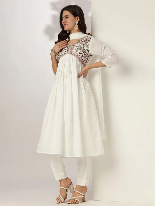 White Pure Cotton Embroidered A-line Kurta Set