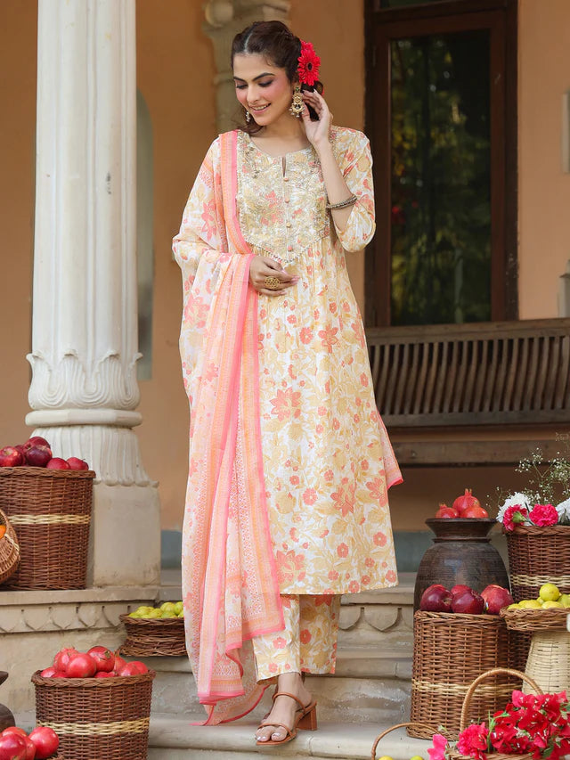 Cream Pure Cotton Floral Printed Yoke Embroidered A-line Kurta Set