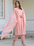 Peach Pure Cotton Embroidered A-line Kurta Set