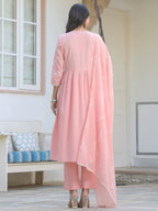 Peach Pure Cotton Embroidered A-line Kurta Set