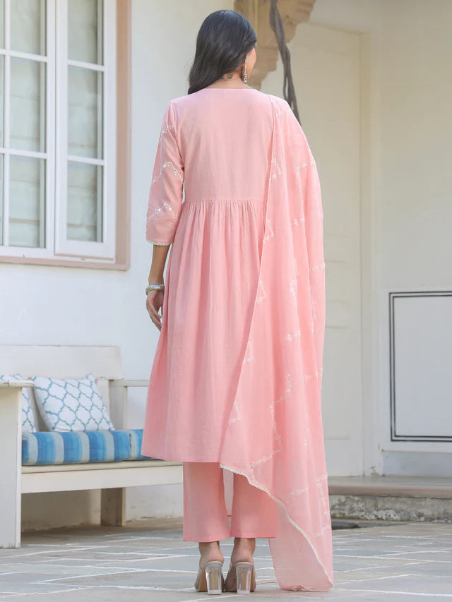 Peach Pure Cotton Embroidered A-line Kurta Set