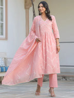 Peach Pure Cotton Embroidered A-line Kurta Set
