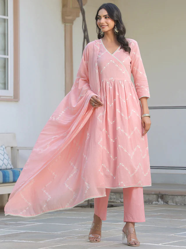 Peach Pure Cotton Embroidered A-line Kurta Set