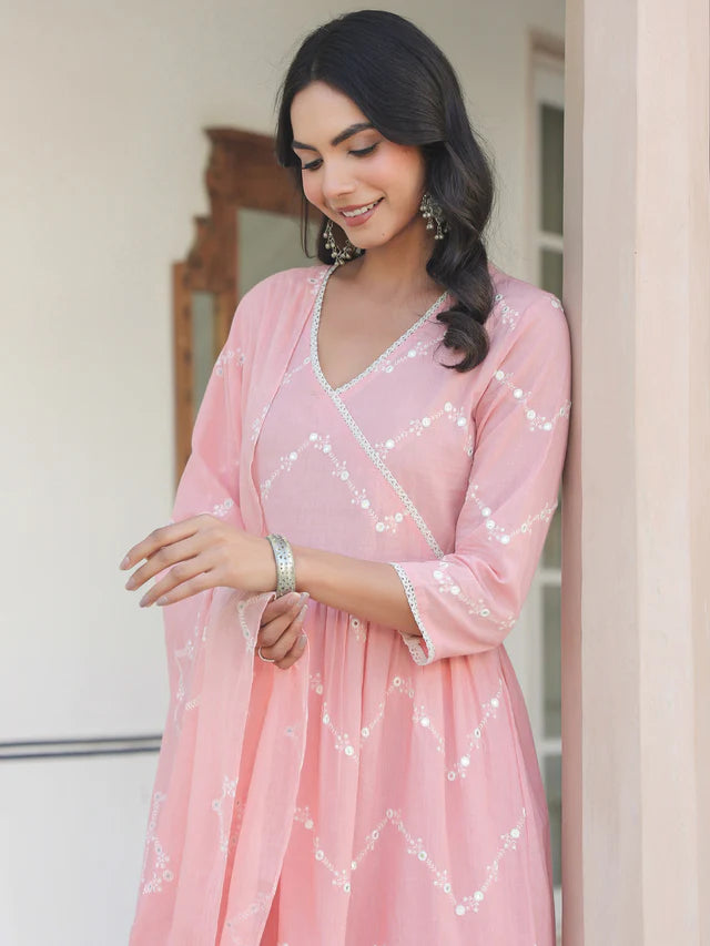 Peach Pure Cotton Embroidered A-line Kurta Set