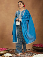 Teal Blue Pure Cotton Yoke Design Floral Printed Straight Kurta Set