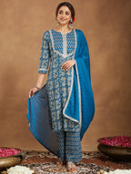 Teal Blue Pure Cotton Yoke Design Floral Printed Straight Kurta Set