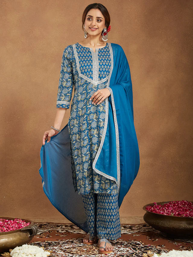 Teal Blue Pure Cotton Yoke Design Floral Printed Straight Kurta Set