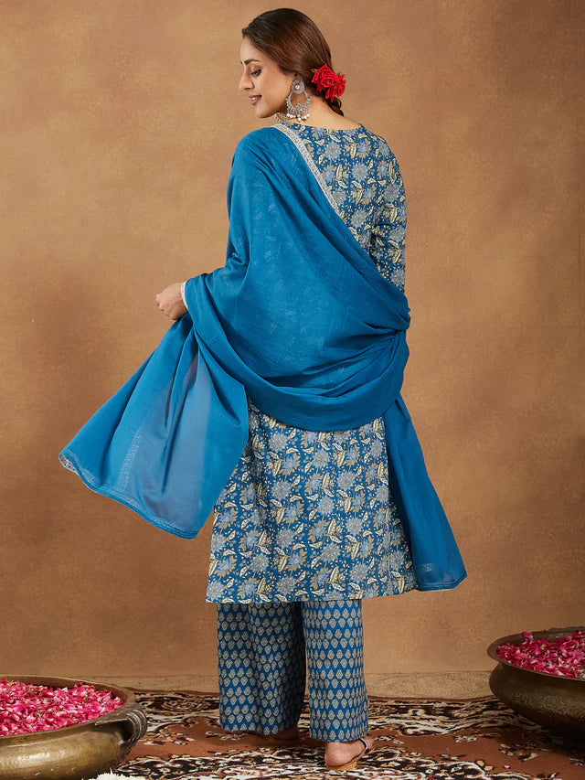 Teal Blue Pure Cotton Yoke Design Floral Printed Straight Kurta Set