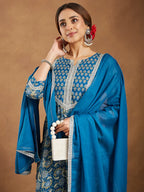 Teal Blue Pure Cotton Yoke Design Floral Printed Straight Kurta Set