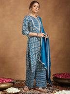 Teal Blue Pure Cotton Yoke Design Floral Printed Straight Kurta Set