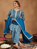 Teal Blue Pure Cotton Yoke Design Floral Printed Straight Kurta Set
