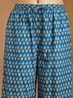 Teal Blue Pure Cotton Yoke Design Floral Printed Straight Kurta Set