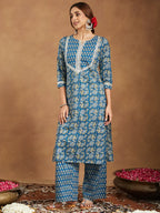Teal Blue Pure Cotton Yoke Design Floral Printed Straight Kurta Set