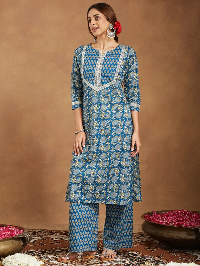 Teal Blue Pure Cotton Yoke Design Floral Printed Straight Kurta Set